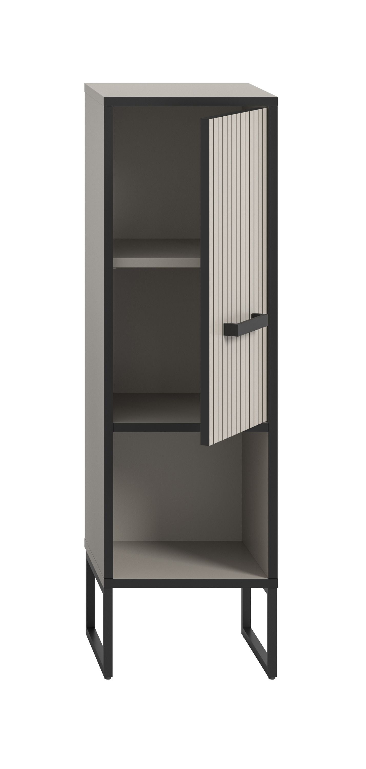 Schmaler Badezimmerschrank mit offener Innenablage, geriffelter Front und Griff