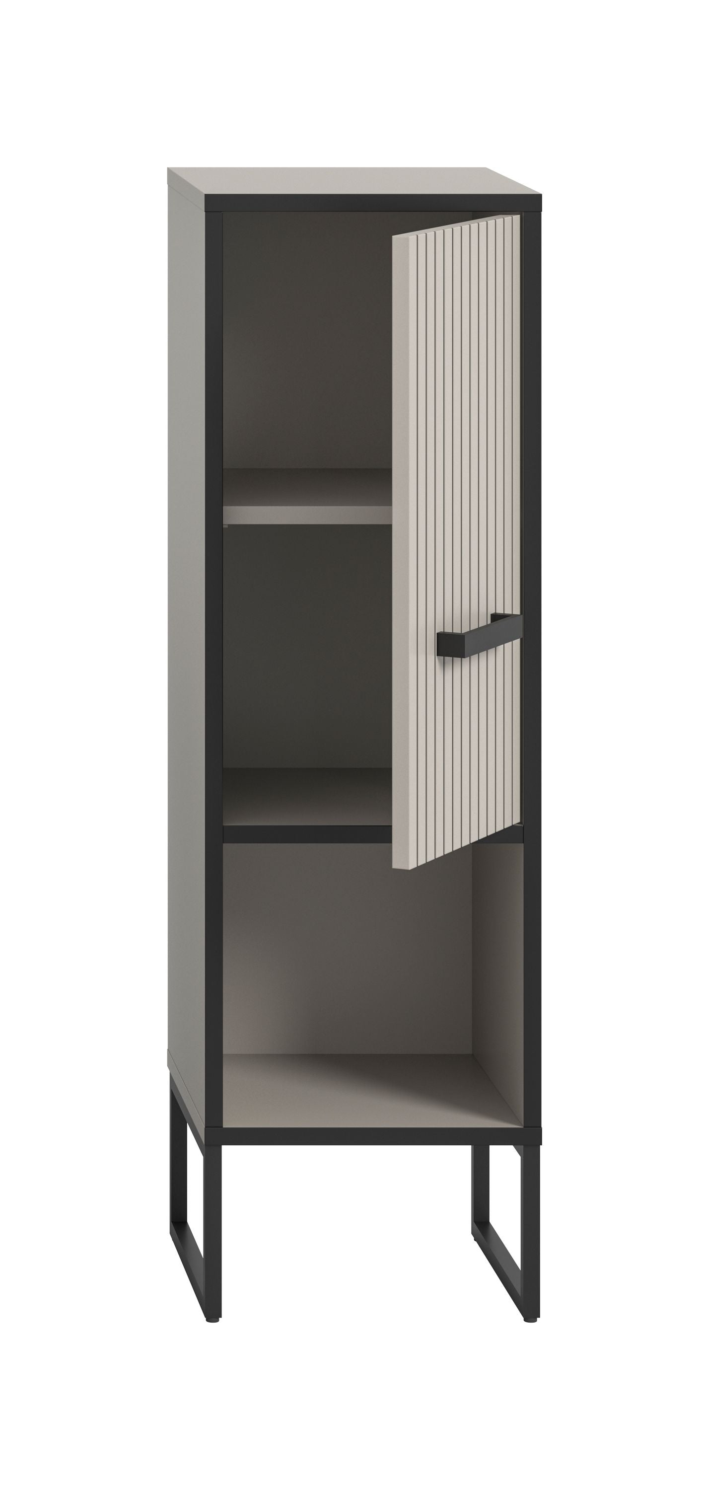 Schmaler Badezimmerschrank mit offener Ablage, gerillte Frontplatte mit Griff