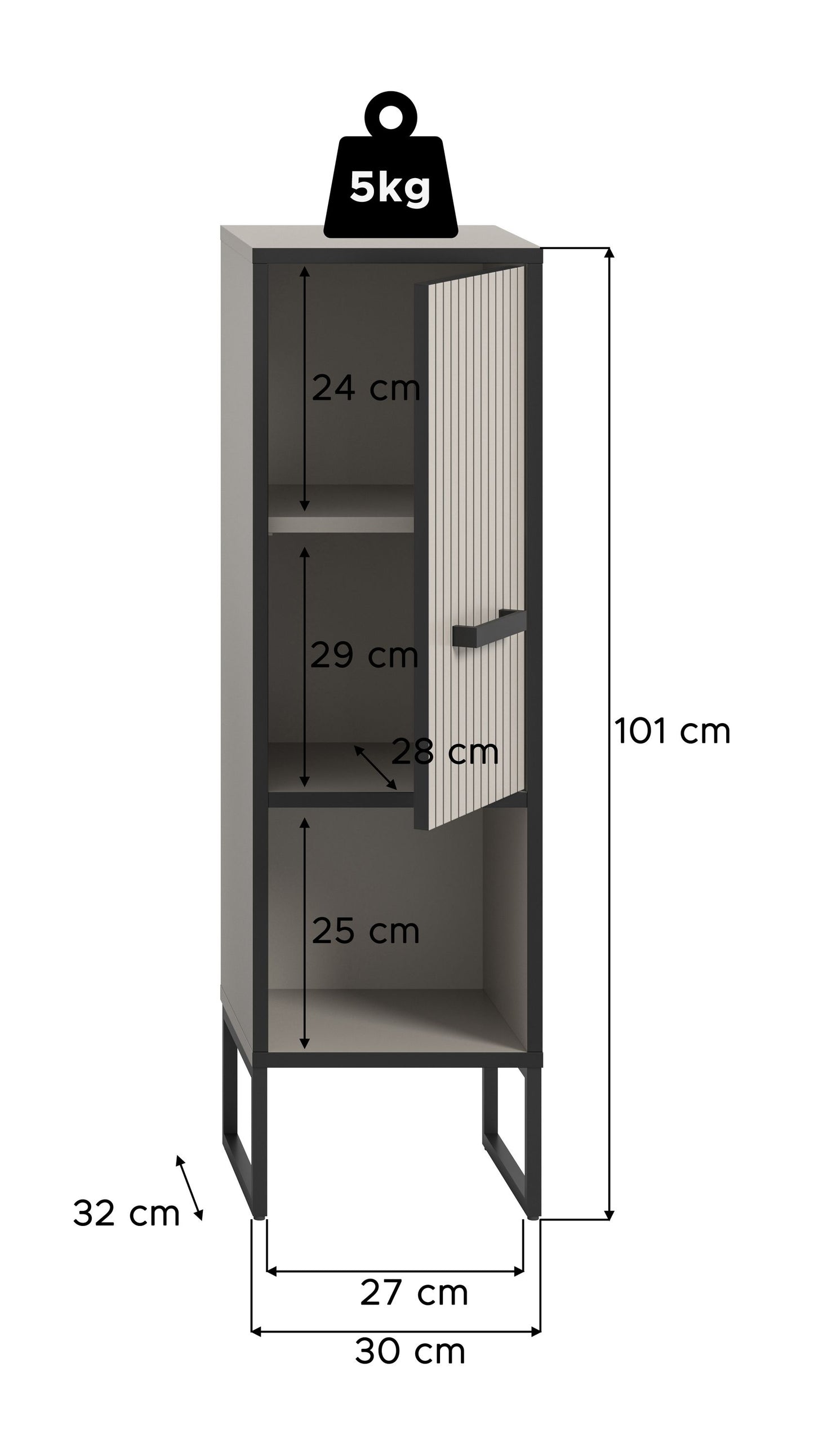Badezimmerschrank mit Maßen: 101 cm Höhe, 28 cm Fachbreite, 5 kg Tragkraft