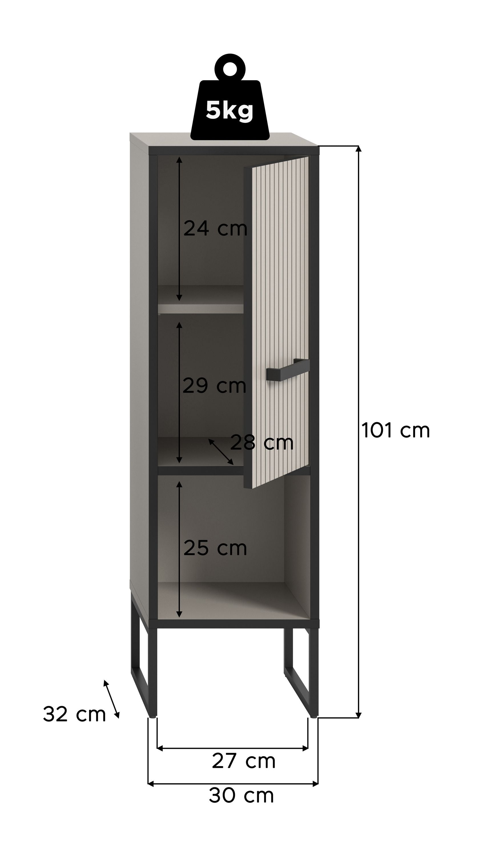 Badezimmerschrank mit Maßen: 101 cm Höhe, 28 cm Fachbreite, 5 kg Tragkraft