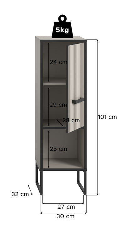 Badezimmerschrank mit Maßen: 101 cm Höhe, 28 cm Fachbreite, 5 kg Tragkraft