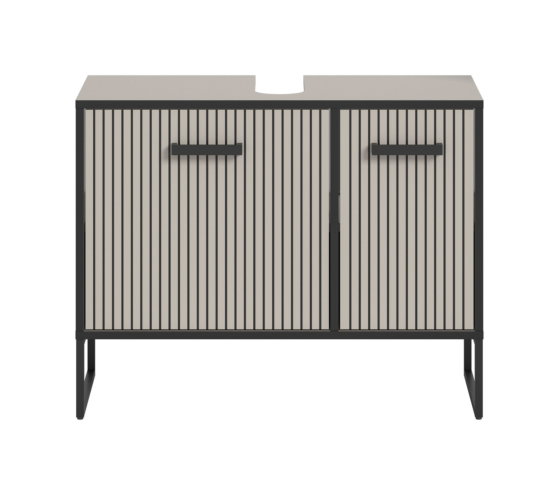 Waschbeckenunterschrank mit zwei Türen, geripptem Frontdesign und dunklen Kufen