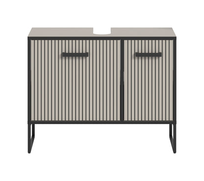 Waschbeckenunterschrank mit zwei Türen, geripptem Frontdesign und dunklen Kufen