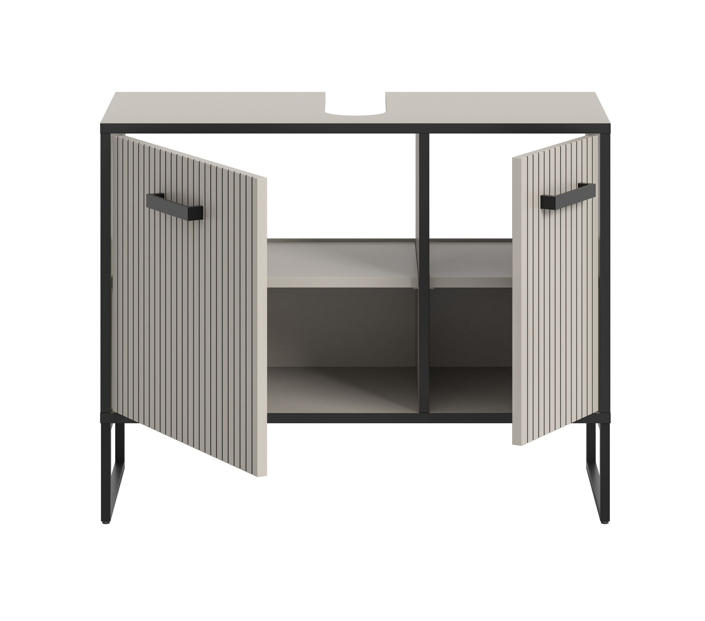 Waschbeckenunterschrank mit zwei Türen und geripptem Beige, dunkles Kufen-Gestell