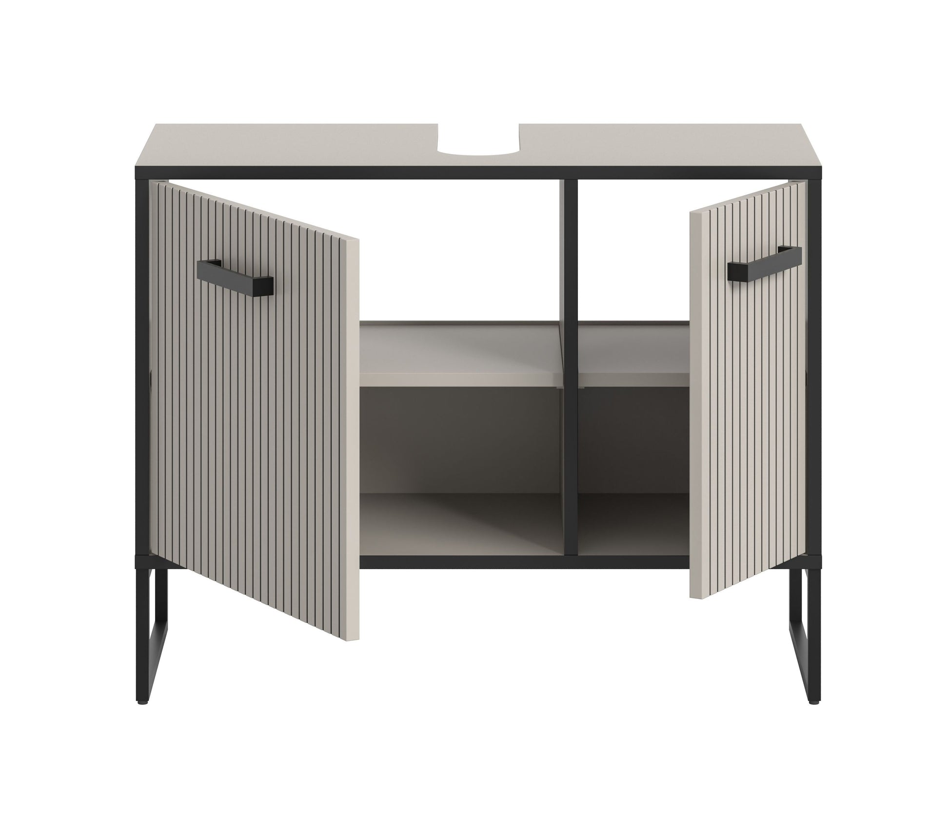 Waschbeckenunterschrank mit zwei Türen und geripptem Beige, dunkles Kufen-Gestell
