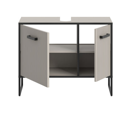Waschbeckenunterschrank mit zwei Türen und geripptem Beige, dunkles Kufen-Gestell