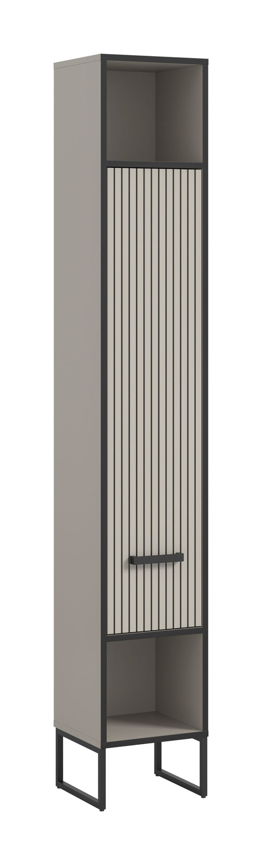 Schmaler Badezimmerhochschrank mit Kufen, anthrazit Rahmen und geripptem Frontdetail