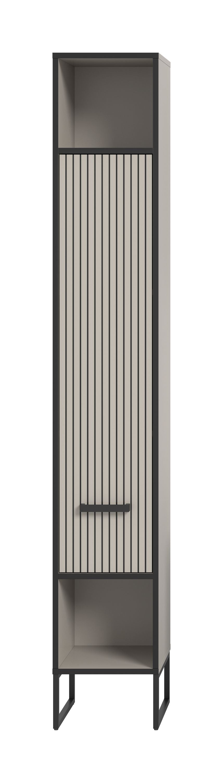 Schmaler Hochschrank mit Kufen, gerippter Front und Griff, innen mit Einlegeböden