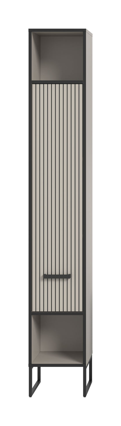 Schmaler Hochschrank mit Kufen, gerippter Front und Griff, innen mit Einlegeböden