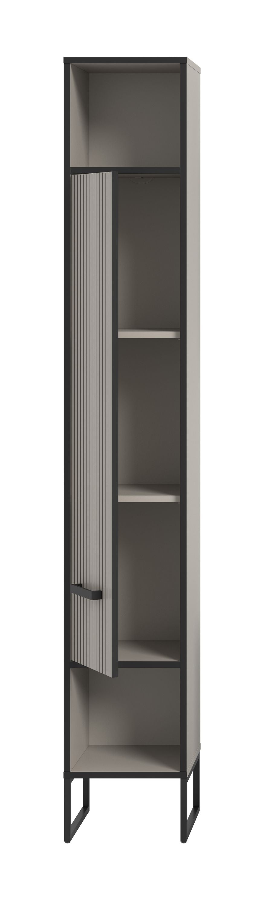 Schmaler Badezimmerhochschrank, anthrazit Kufen, offene Fächer und gerippte Türfront