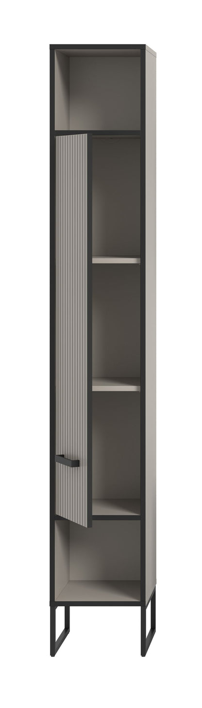 Schmaler Badezimmerhochschrank, anthrazit Kufen, offene Fächer und gerippte Türfront