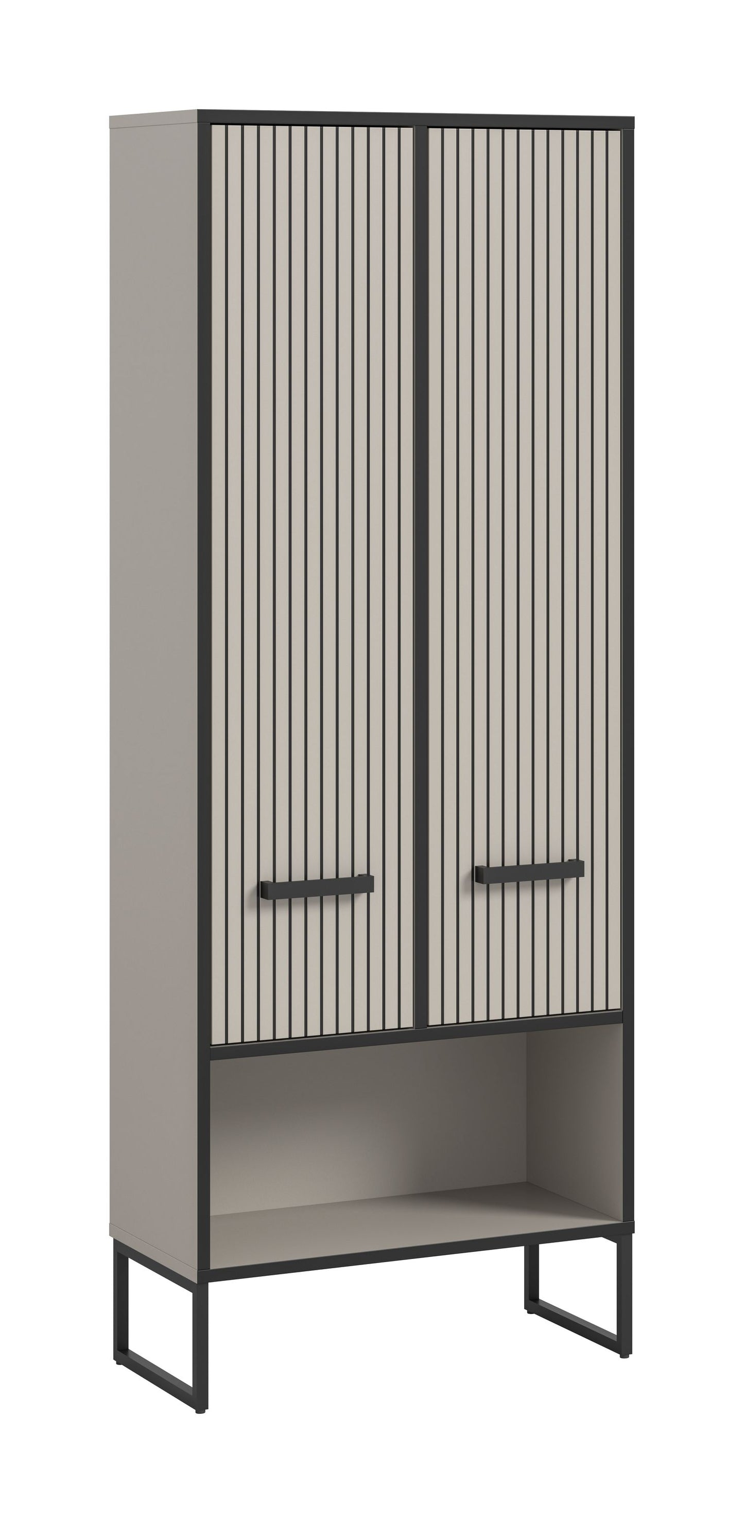 Midi-Badezimmerhochschrank mit Kufen, zwei Türen mit vertikalem Rippendekor und breiten Griffen.