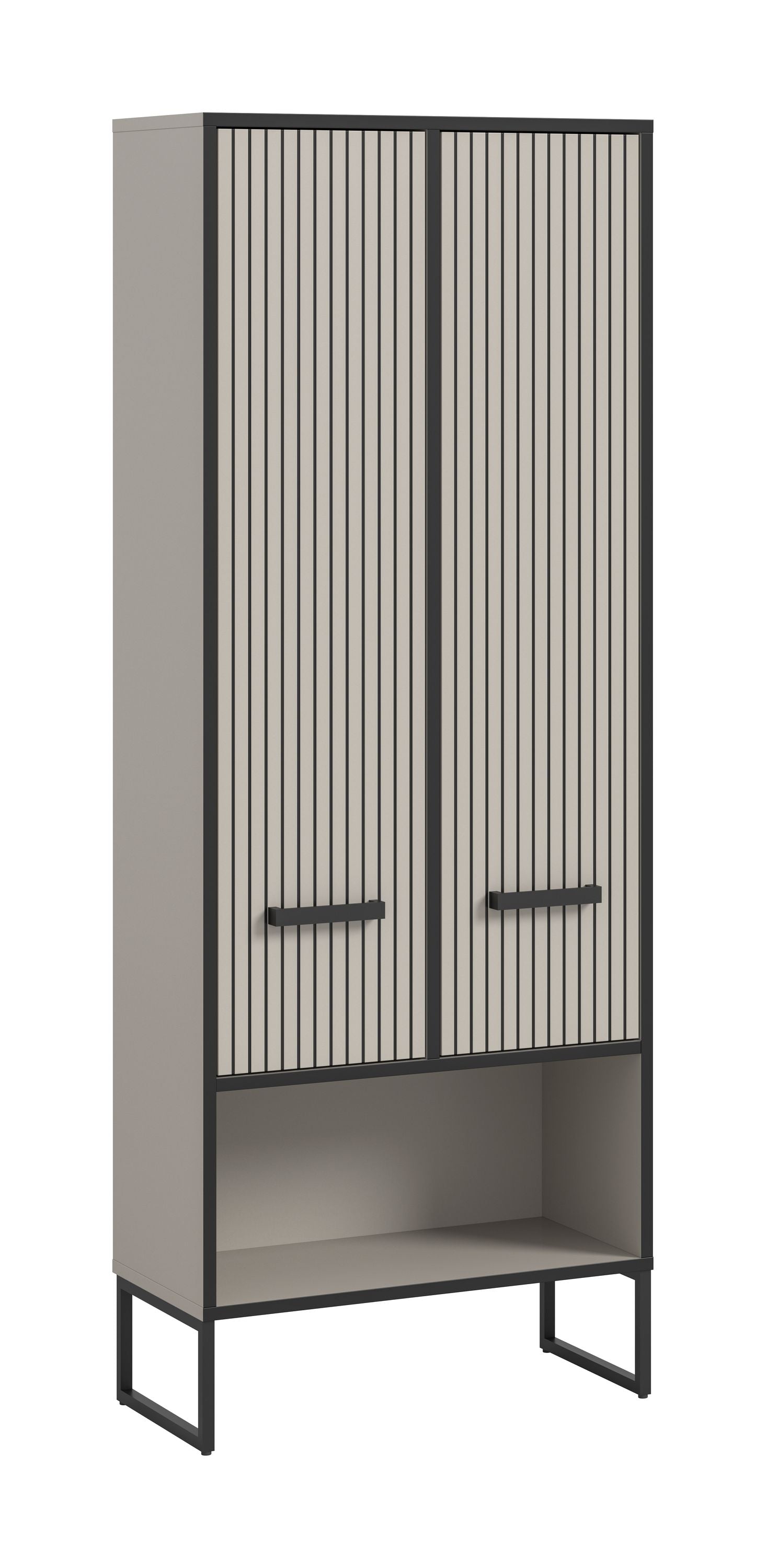 Midi-Badezimmerhochschrank mit Kufen, zwei Türen mit vertikalem Rippendekor und breiten Griffen.
