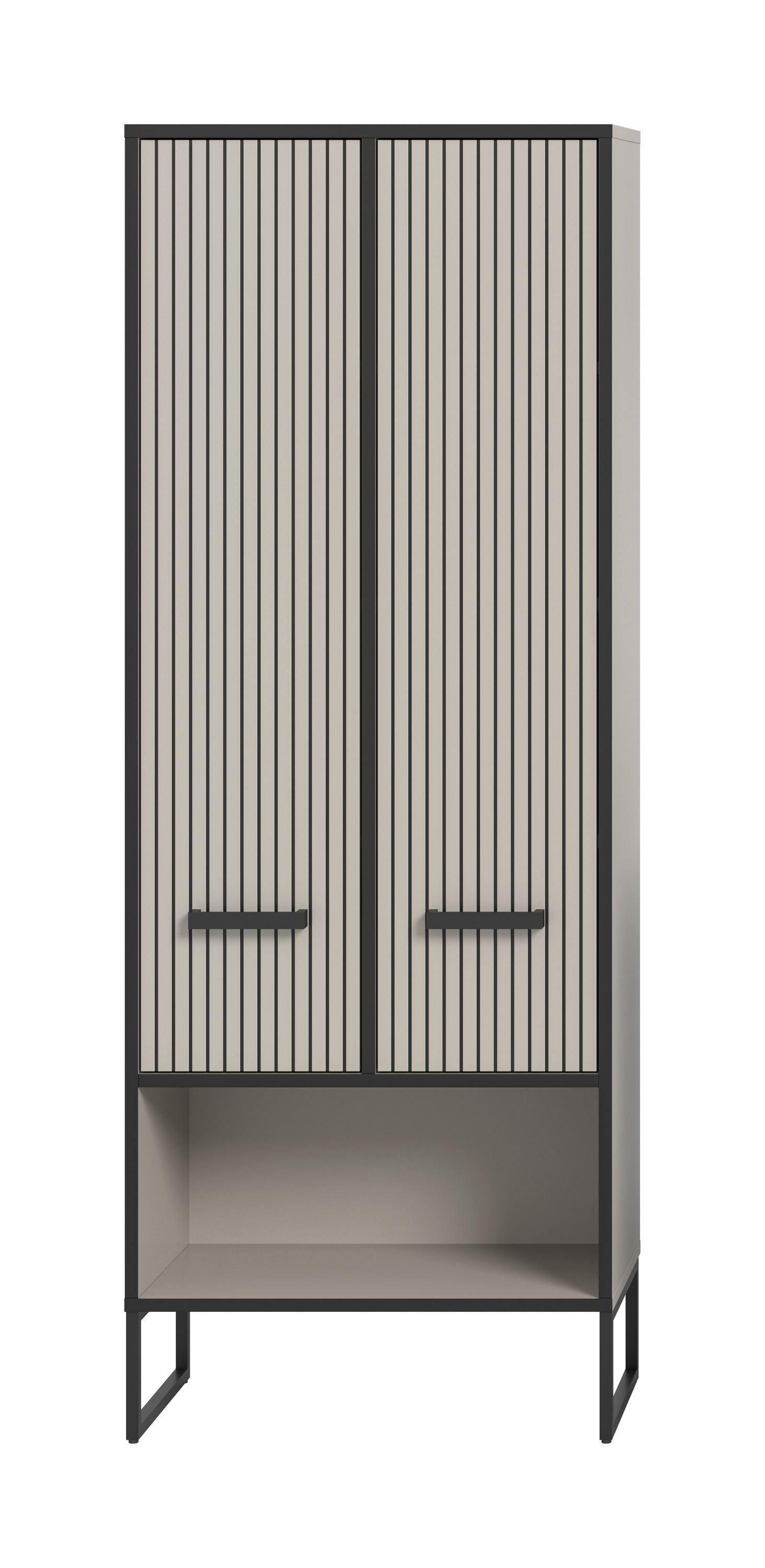 Badezimmerhochschrank mit zwei Türen, vertikalem Streifendesign und seitlich montierten Griffen.