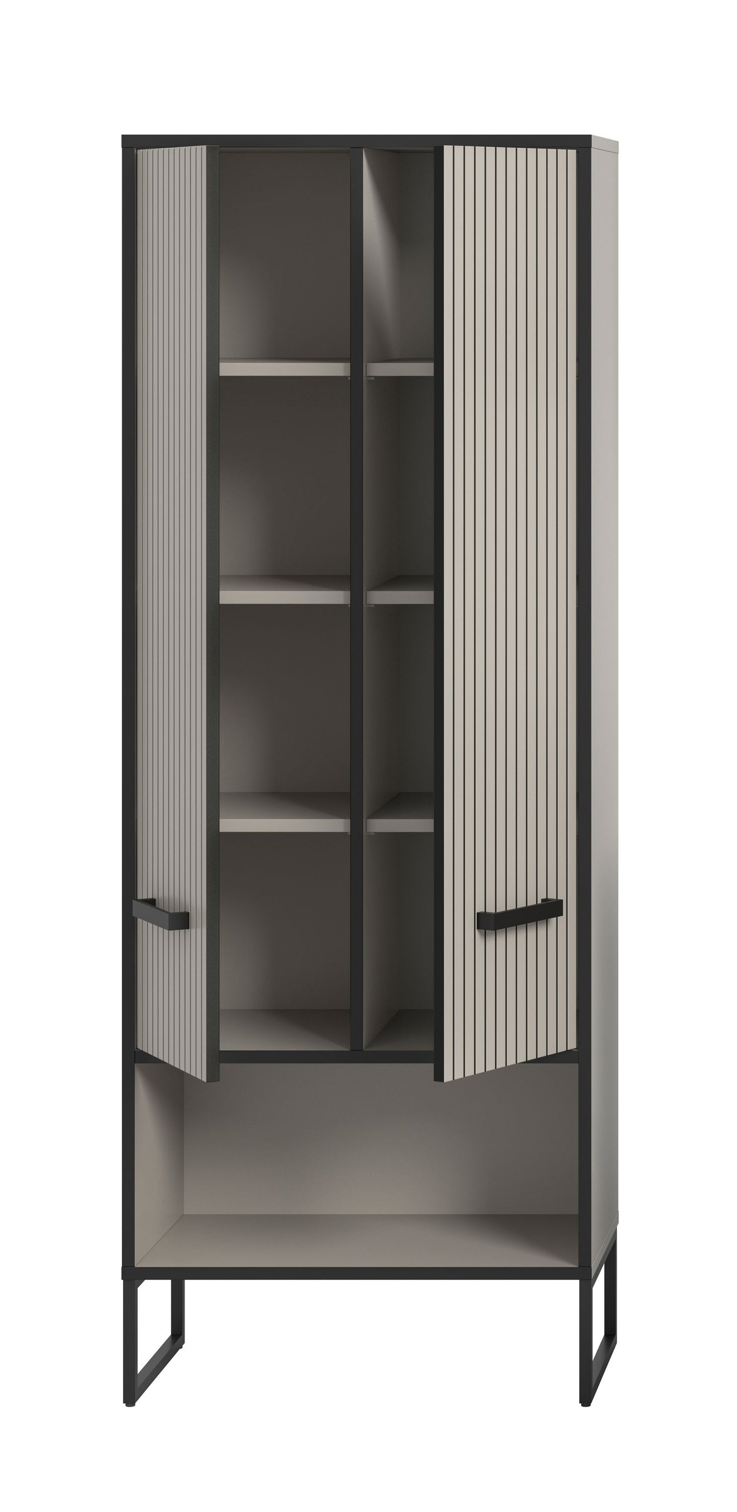 Badezimmerhochschrank mit offenen Fächern und Tür, vertikales Rippendekor, dunkler Metallrahmen.
