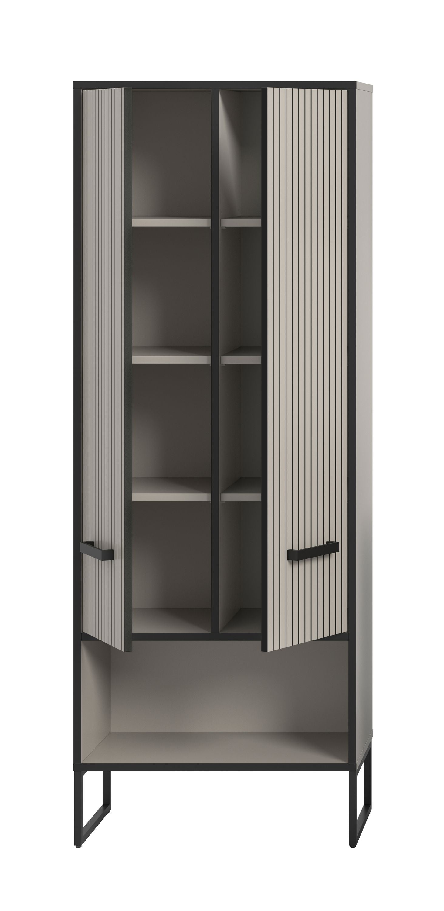 Badezimmerhochschrank mit offenen Fächern und Tür, vertikales Rippendekor, dunkler Metallrahmen.