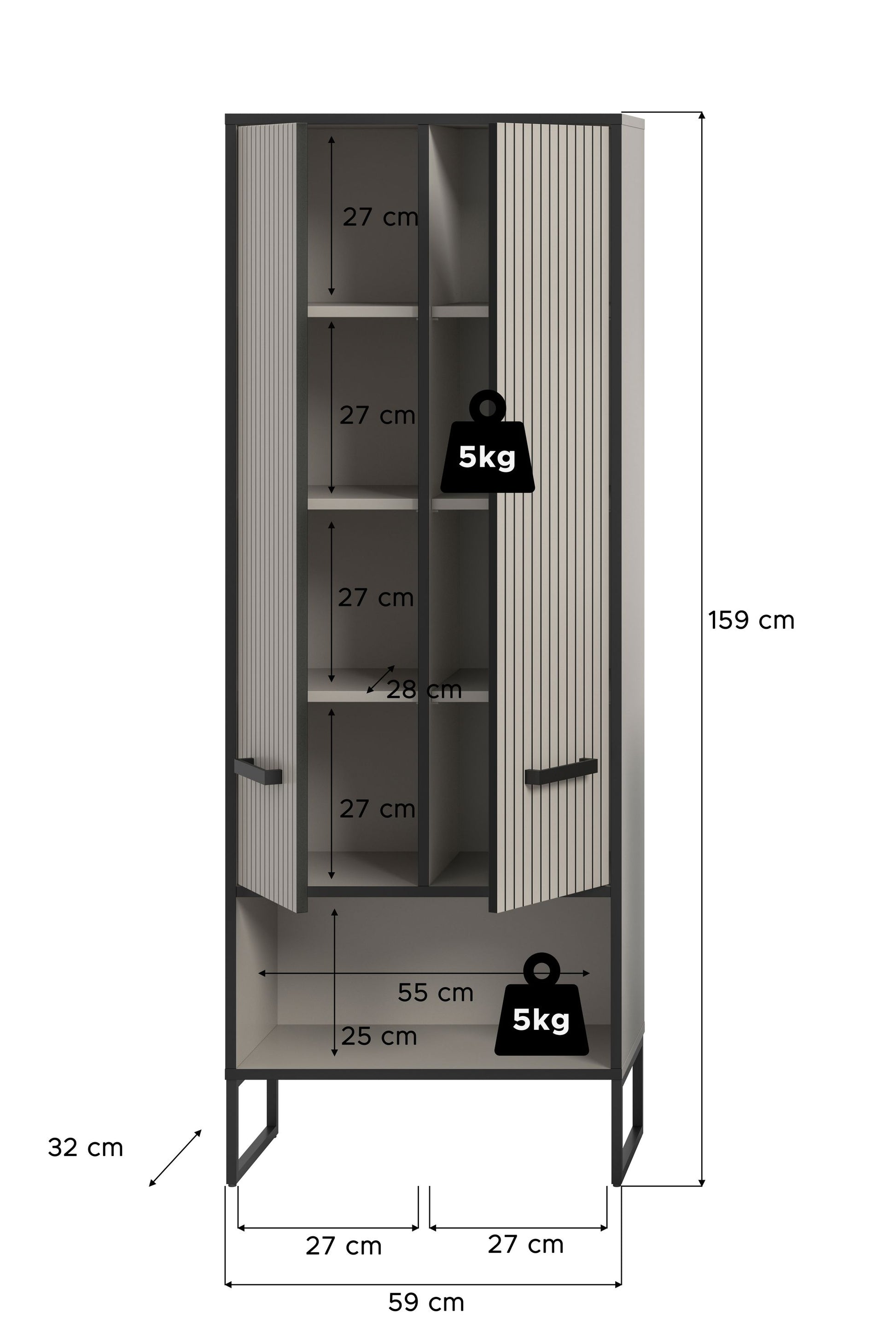 Badezimmerhochschrank mit Kufen-Gestell, Schiebetüren mit Rippendekor und Fächereinteilung, grau.