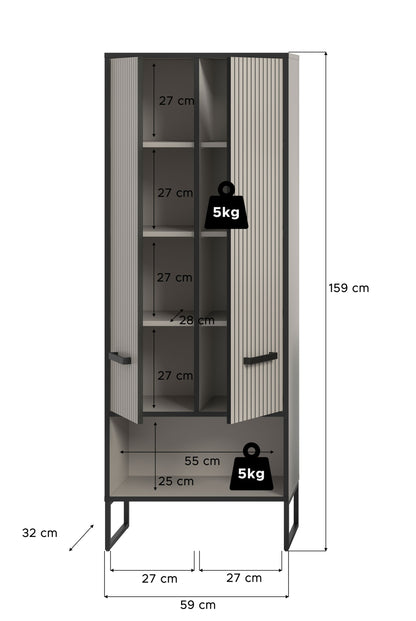 Badezimmerhochschrank mit Kufen-Gestell, Schiebetüren mit Rippendekor und Fächereinteilung, grau.