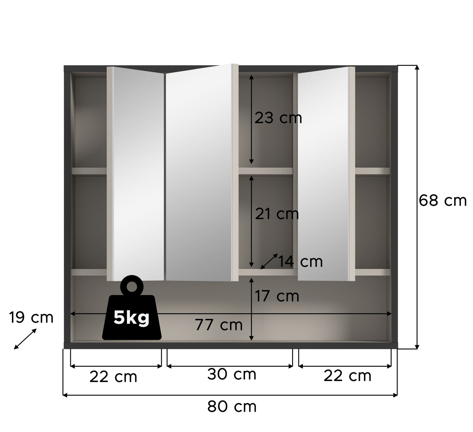 Badezimmerspiegelschrank 80 cm mit drei Spiegel-Türen, Innenfächer, dunkelgraues Gehäuse