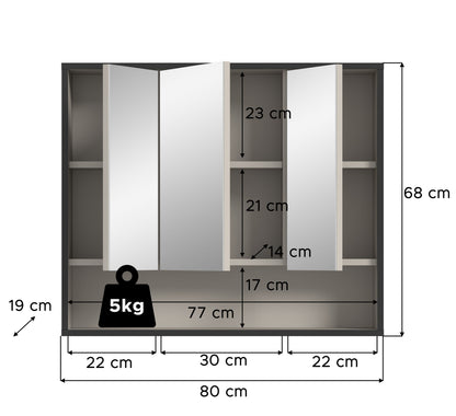 Badezimmerspiegelschrank 80 cm mit drei Spiegel-Türen, Innenfächer, dunkelgraues Gehäuse