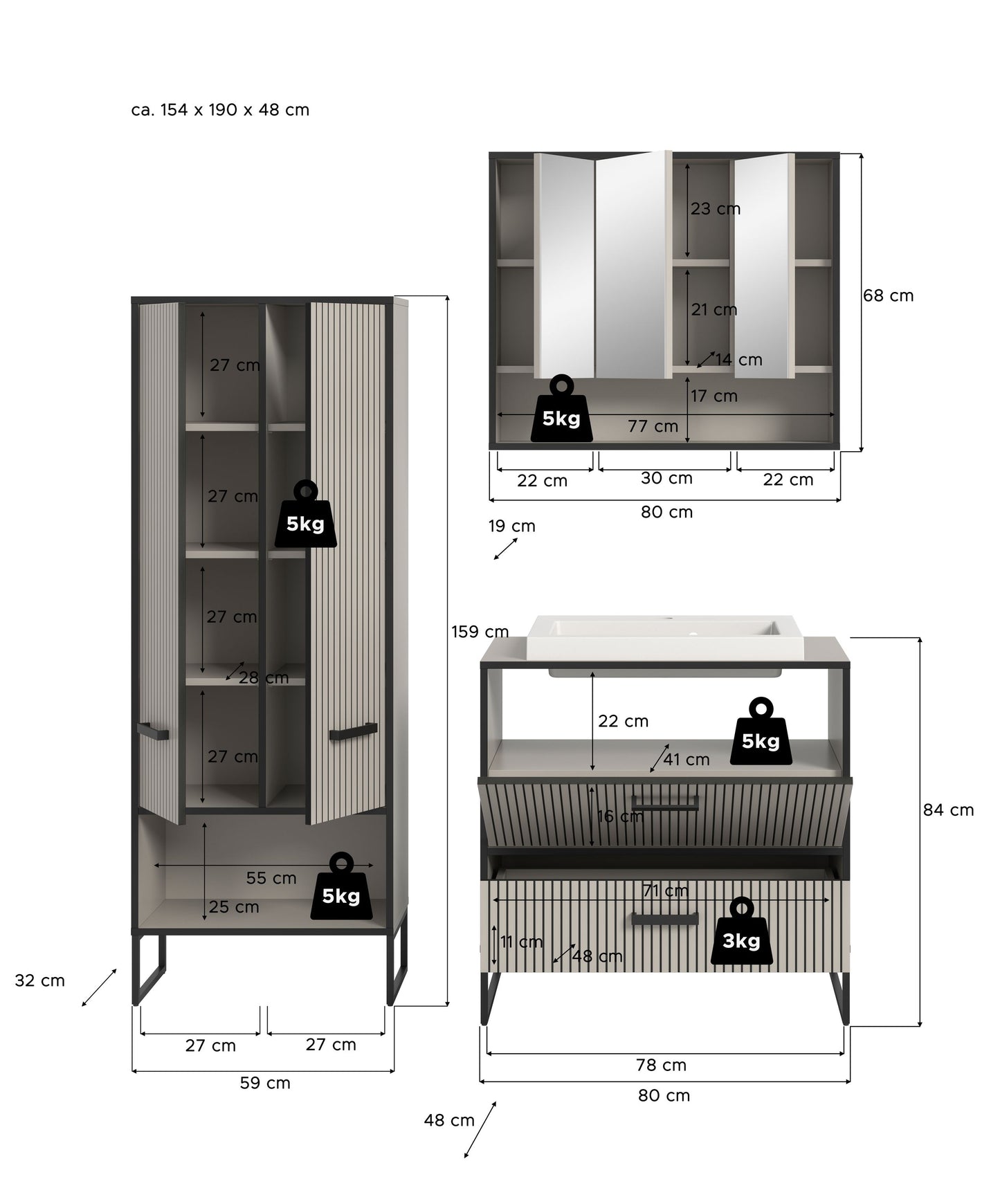 Ensemble de meubles de salle de bain Bagno 3 pièces 192 x 48 x 154 cm