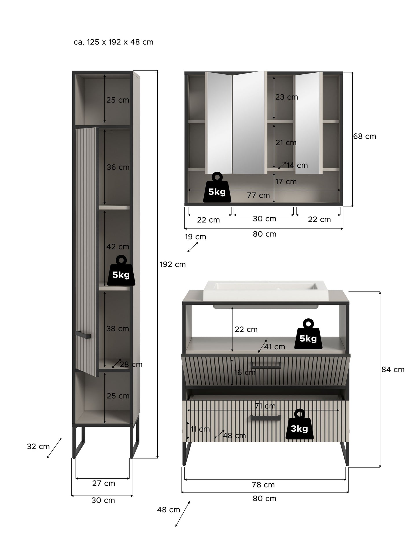 Bagno Ensemble de meubles de salle de bain 3 pièces 125 x 192 x 48 cm