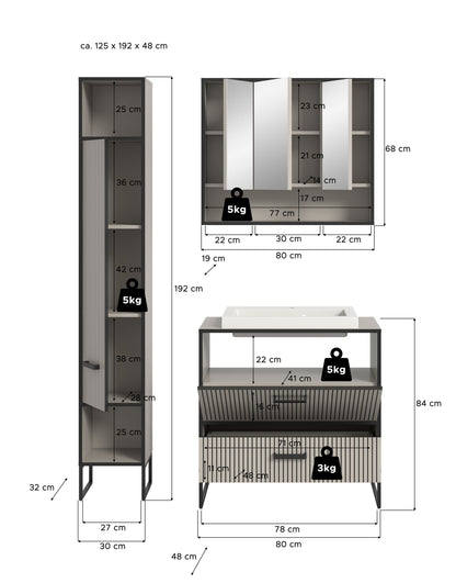 Bagno Ensemble de meubles de salle de bain 3 pièces 125 x 192 x 48 cm
