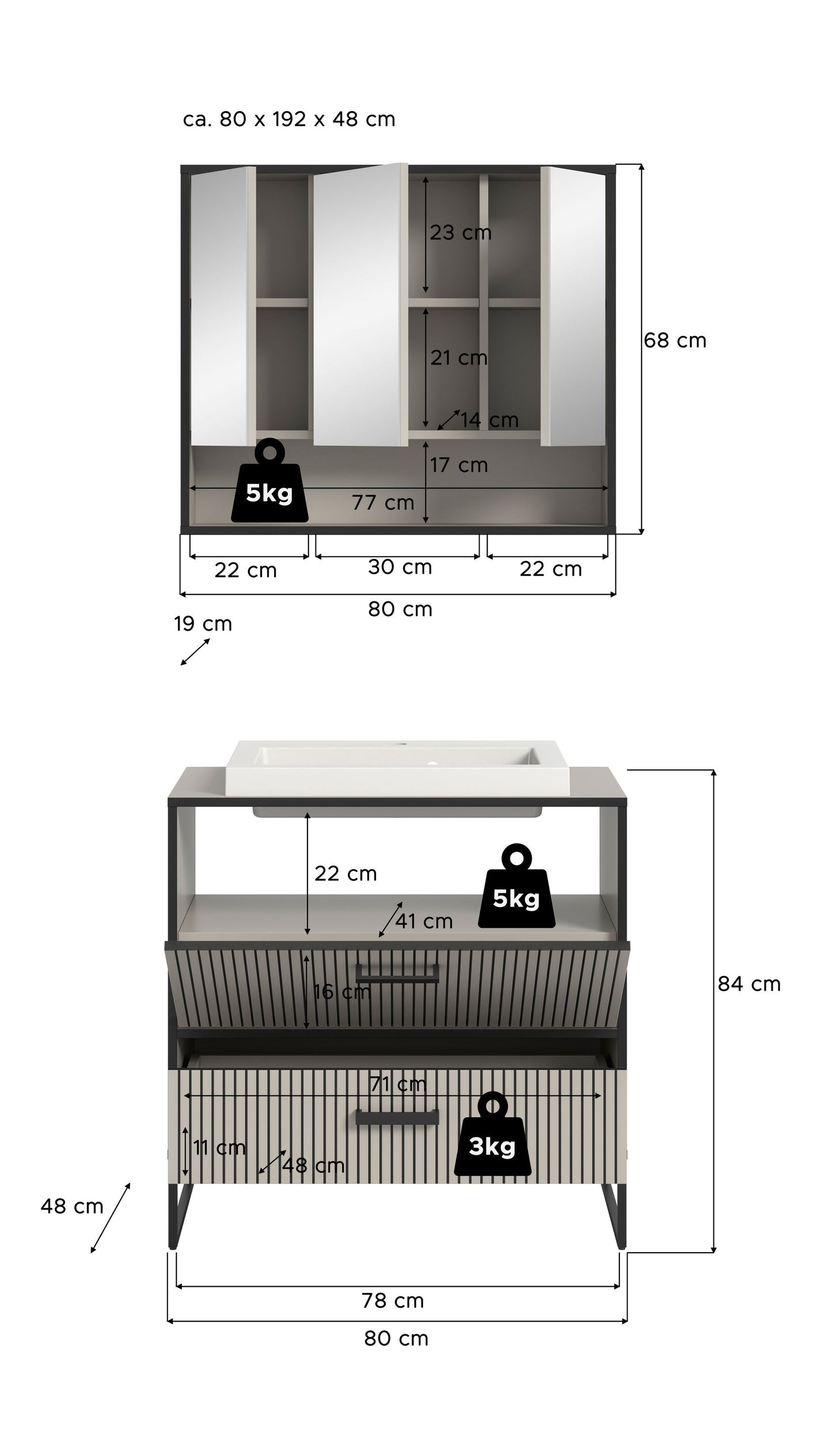 Ensemble de salle de bain Bagno 2 pièces 80 x 192 x 48 cm