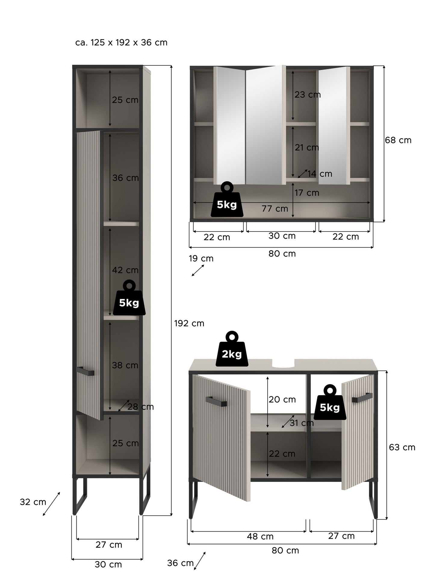 Ensemble de salle de bain Bagno 3 pièces 125 x 192 x 36 cm
