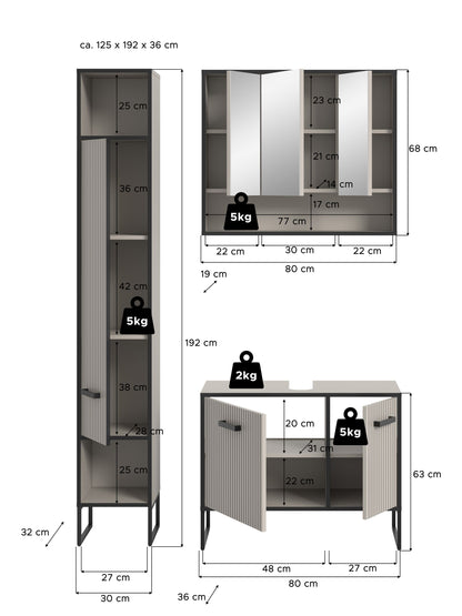 Ensemble de salle de bain Bagno 3 pièces 125 x 192 x 36 cm