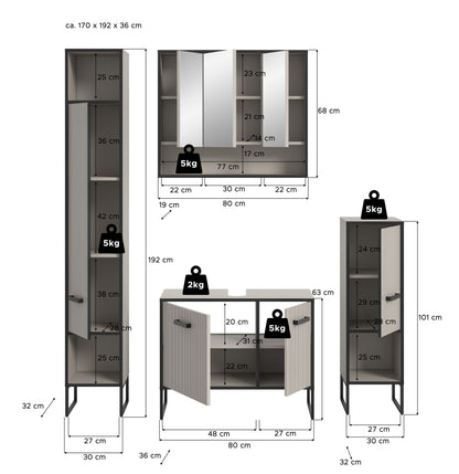 Ensemble de salle de bain Bagno 4 pièces 170 x 192 x 36 cm