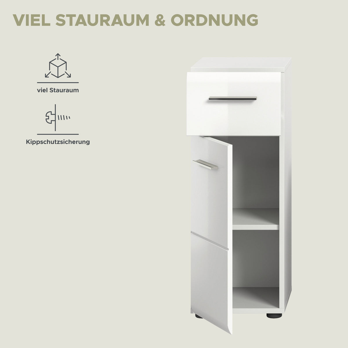 Schmaler Badezimmerschrank in Weiß mit offenen Fächern und Klapptür rechts