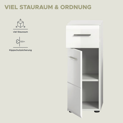 Schmaler Badezimmerschrank in Weiß mit offenen Fächern und Klapptür rechts