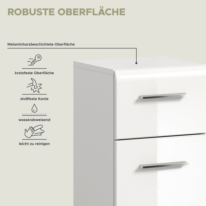 Weiße Badezimmerschrank-Front mit Schubladen und silberner Griffleiste
