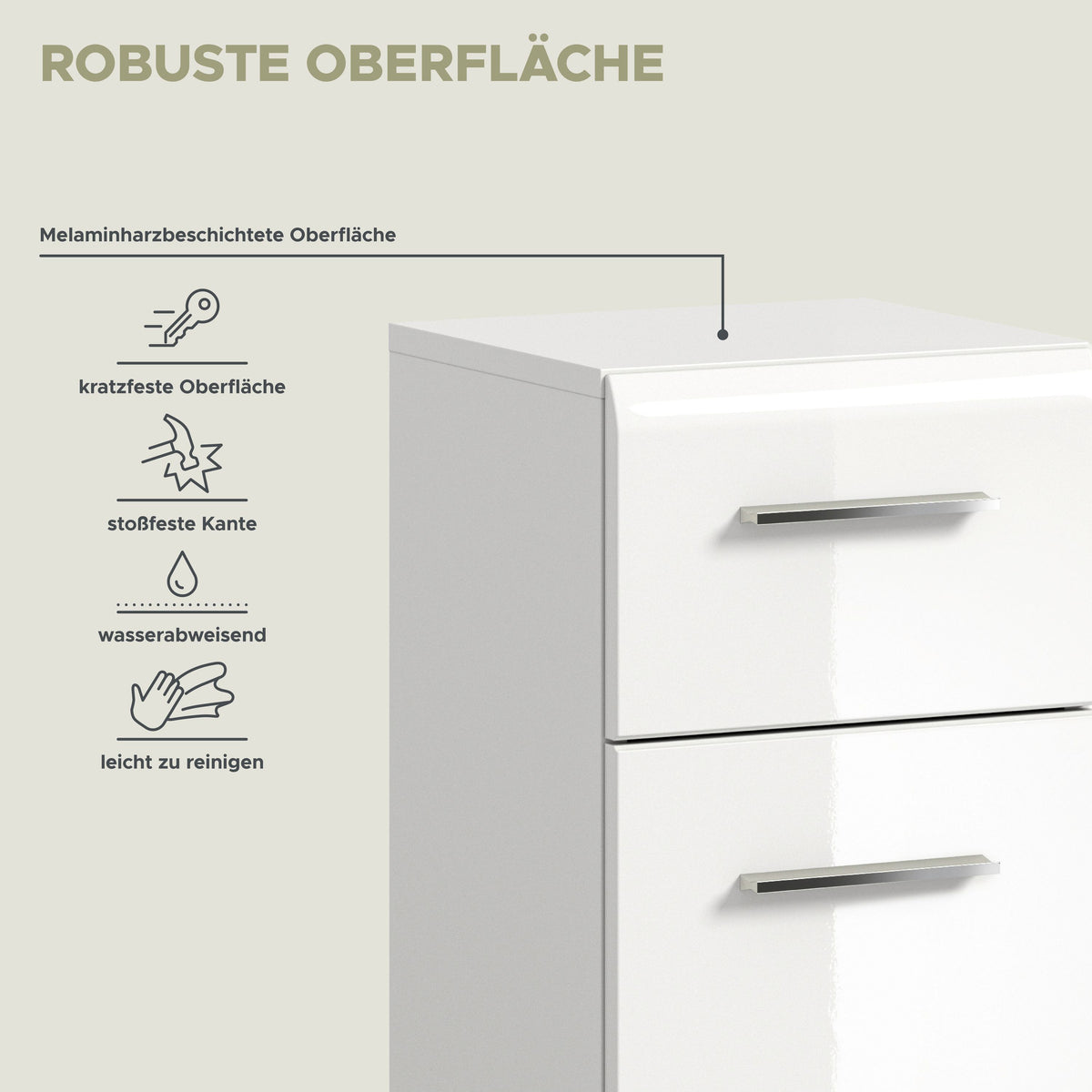 Badezimmerschrank mit robuster Melaminoberfläche, abwischbar und kratzfest