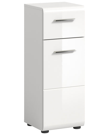 Schmaler weißer Badezimmerschrank mit zwei Schubladen und offener Ablage, silberne Griffleisten