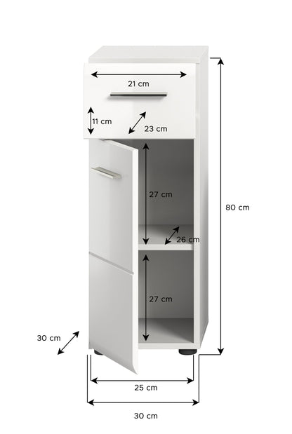 Schmaler Badezimmerschrank: Frontmaße ca. 30×25×80 cm, Innenfach ca. 27 cm