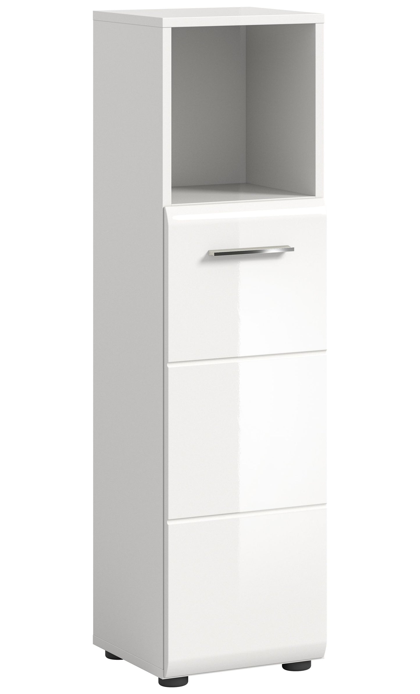 Weißer schmaler Badezimmerschrank mit Metallgriff und zwei unteren Schrankfächern