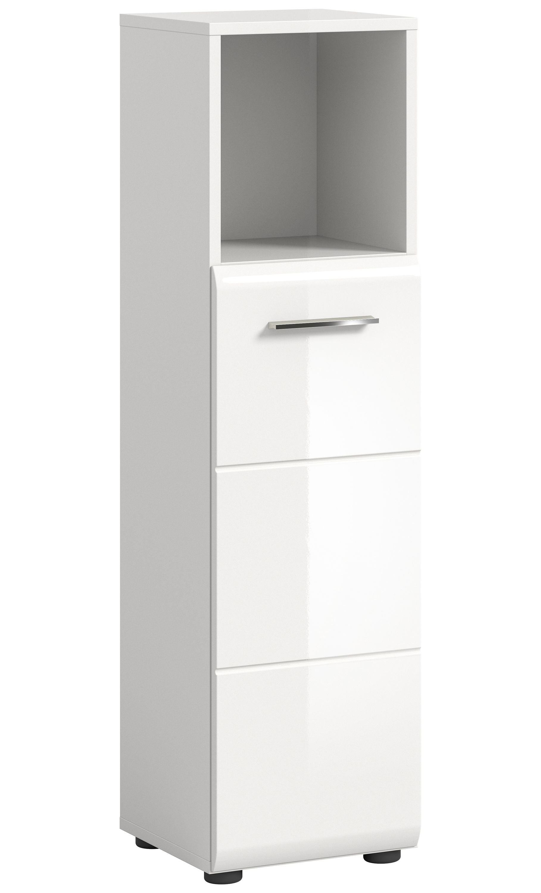 Weißer schmaler Badezimmerschrank mit Metallgriff und zwei unteren Schrankfächern