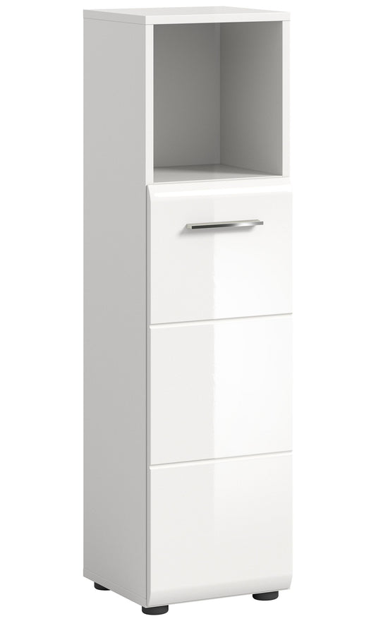 Weißer schmaler Badezimmerschrank mit Metallgriff und zwei unteren Schrankfächern