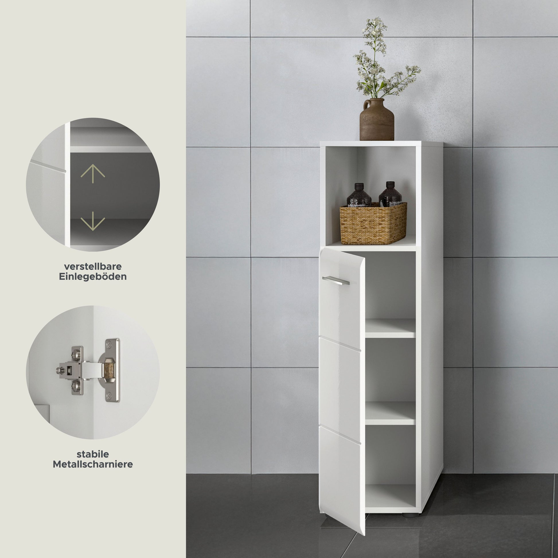 Weißer Badezimmerschrank mit offener Tür und Innenregalen für Badutensilien