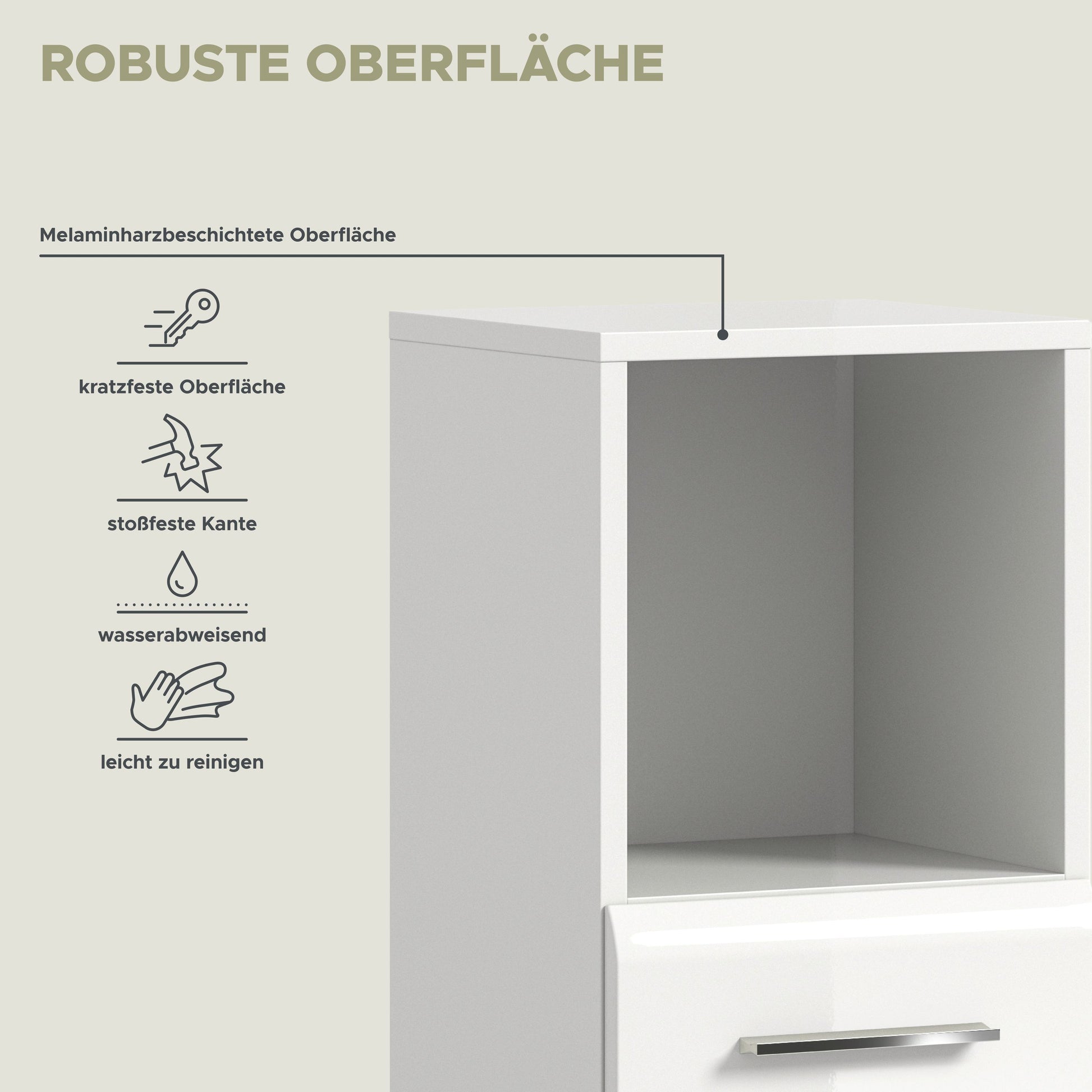 Offenes Schrankfach mit glatter, kratzfester Oberfläche und Metallgriff
