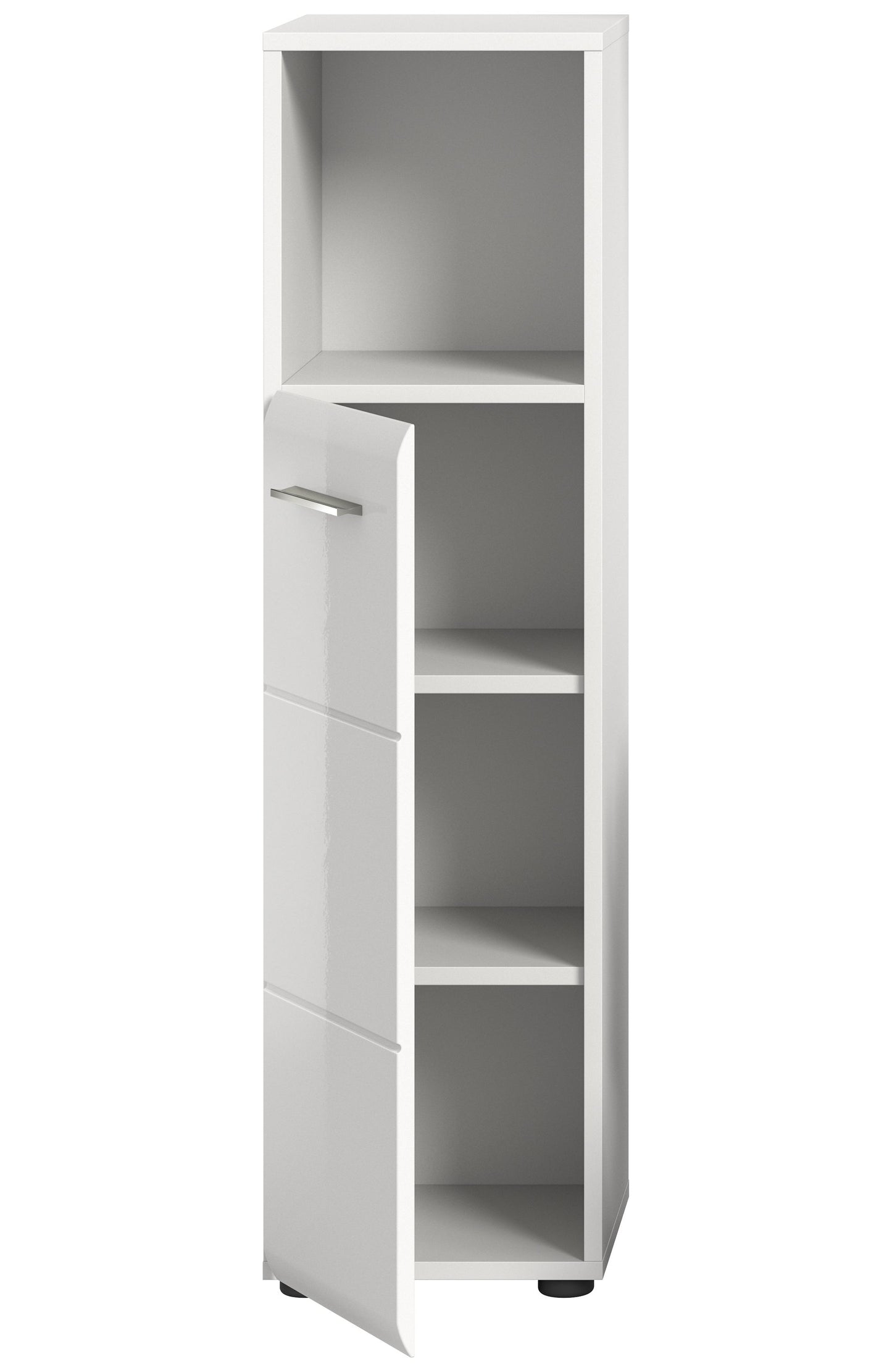 Schmaler weißer Badezimmerschrank mit geöffnetem Innenraum und mehreren Regalfächern