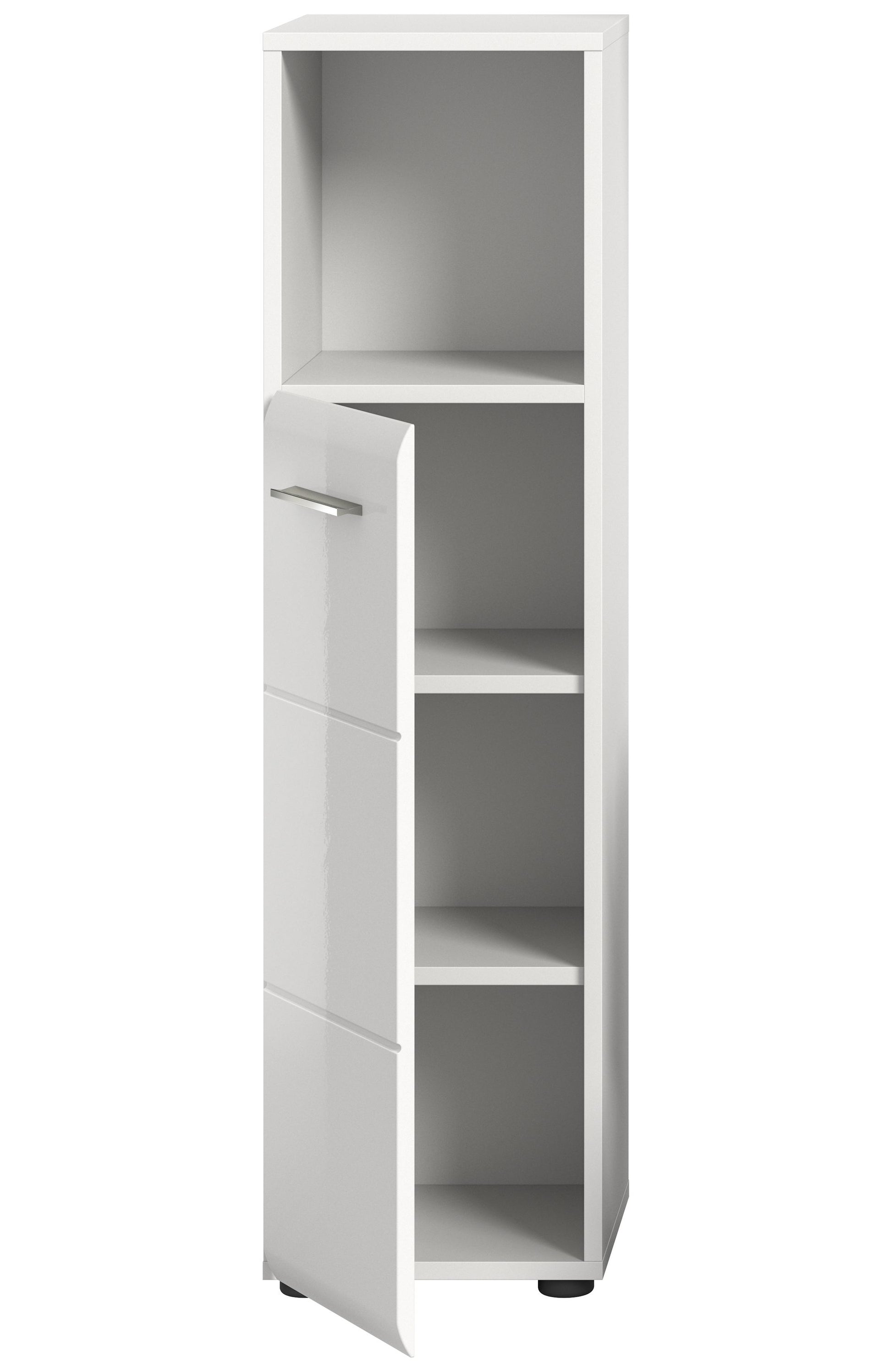 Schmaler weißer Badezimmerschrank mit geöffnetem Innenraum und mehreren Regalfächern