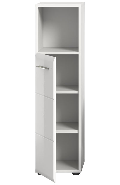 Schmaler weißer Badezimmerschrank mit geöffnetem Innenraum und mehreren Regalfächern