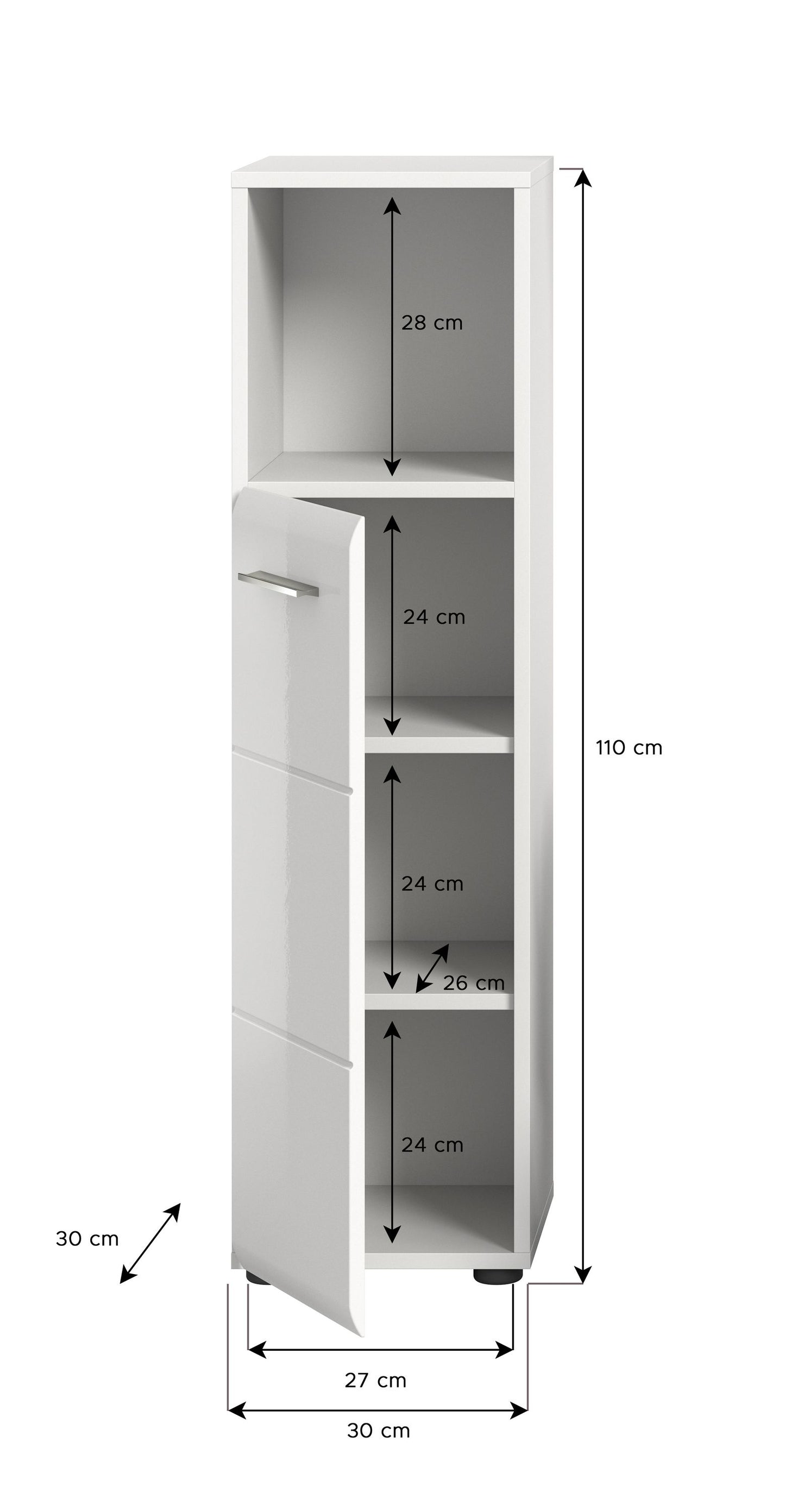 Schmaler weißer Badezimmerschrank mit Maßen, offenen Fächern und geschlossener Tür