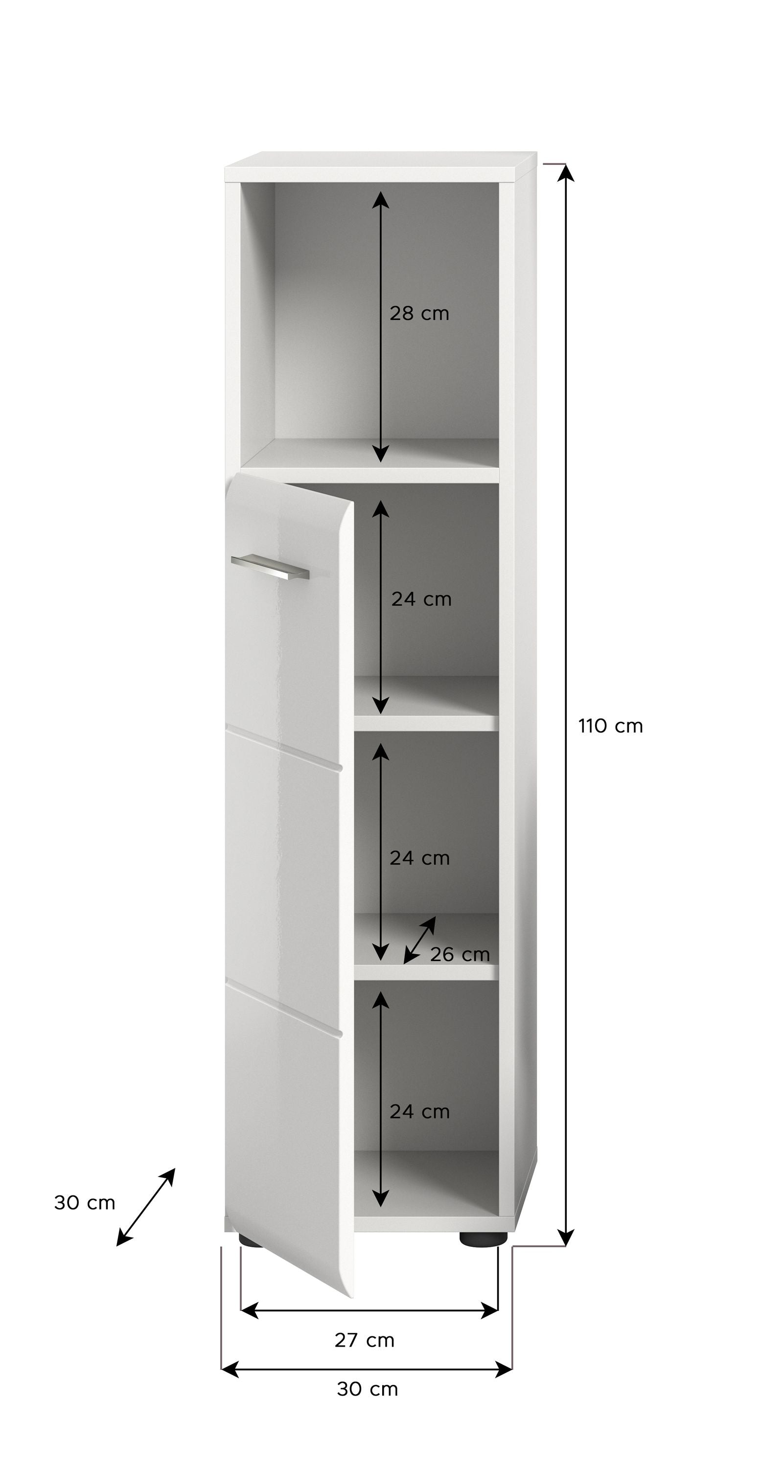 Schmaler weißer Badezimmerschrank mit Maßen, offenen Fächern und geschlossener Tür