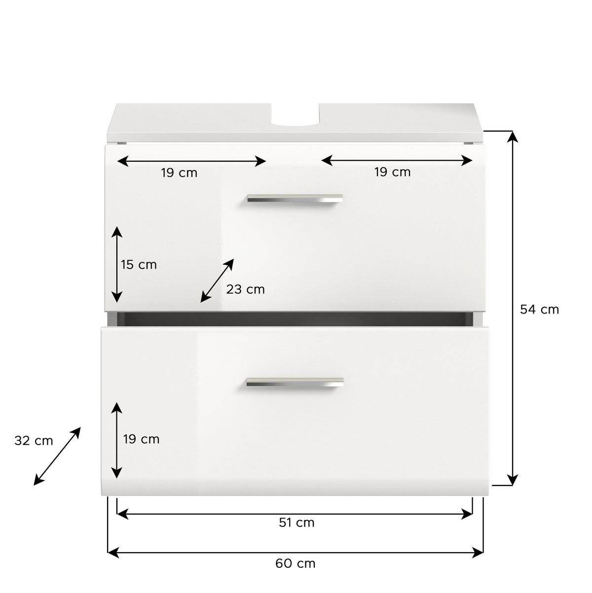 Weißer Waschbeckenunterschrank mit zwei Schubladen und Griffen, 60 cm breit, mit Aussparung