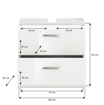 Weißer Waschbeckenunterschrank mit zwei Schubladen und Griffen, 60 cm breit, mit Aussparung