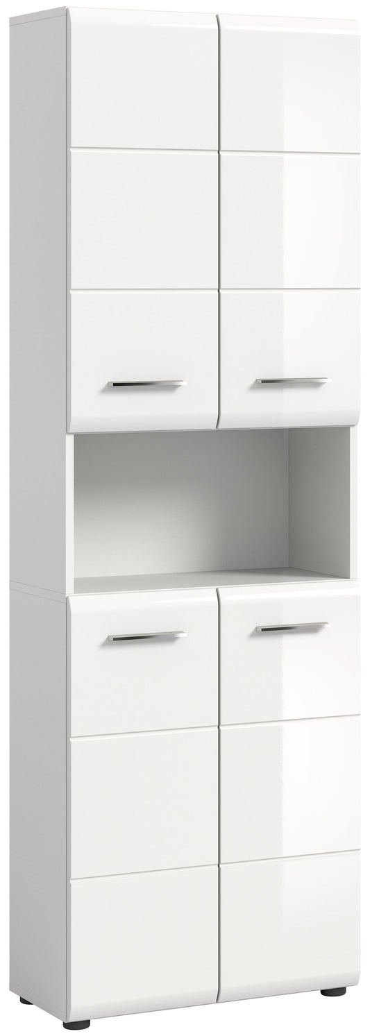 Badezimmerhochschrank mit zwei Türen und zwei Schubladen, weiße Front, Metallgriffe.